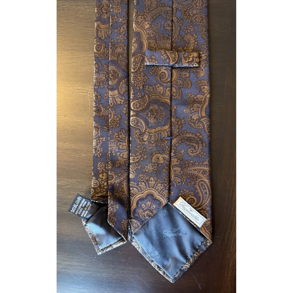 Vintage Faconnable Men's Tie 100% Silk Navy Brown Paisley Hand Made in Italy EUC